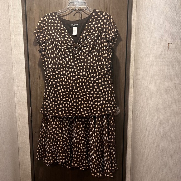 Jones New York 100% Silk Brown & Cream Polka Dot 2-Piece Set Size 10 - Picture 1 of 6